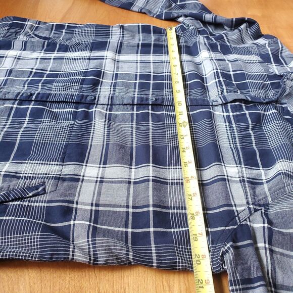 Columbia Plaid Shirt Sz L Times Two Long Sleeve Tunic Blue Roll Tab 100% Cotton - Picture 9 of 11